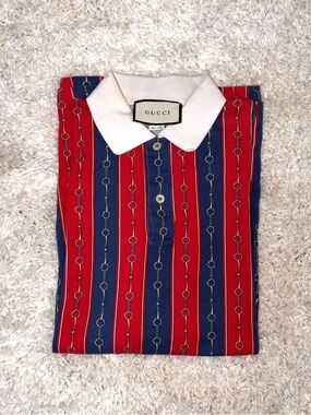 GUCCI 2019 Collection Horsebit Chain Striped Polo Size L